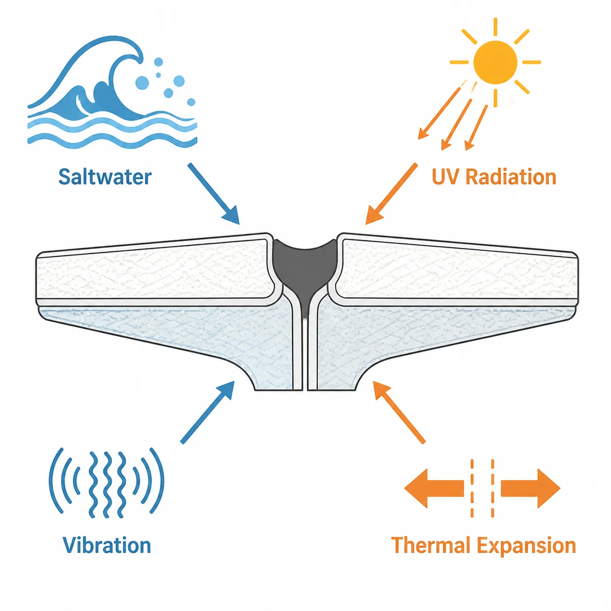 Diagram showing four environmental stressors on a boat hull-to-deck sealed joint