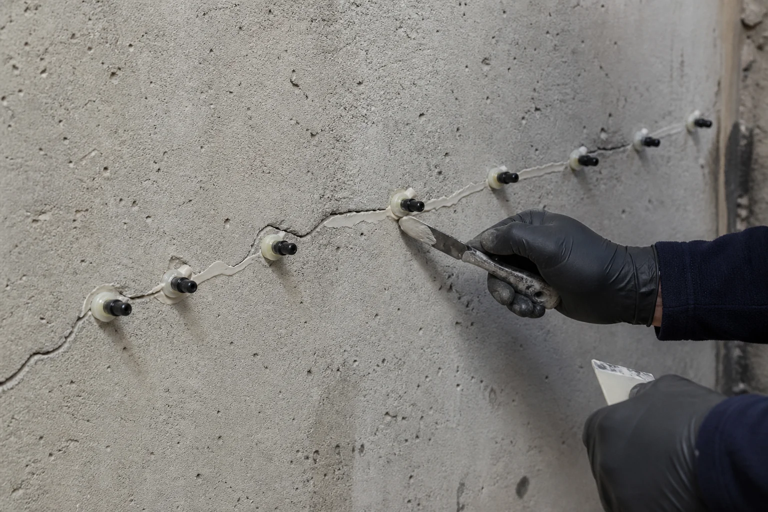 Beton duvar üzerindeki çatlak hattı boyunca yüzey enjeksiyon portlarını ve macun sızdırmazlık malzemesini uygulayan teknisyen