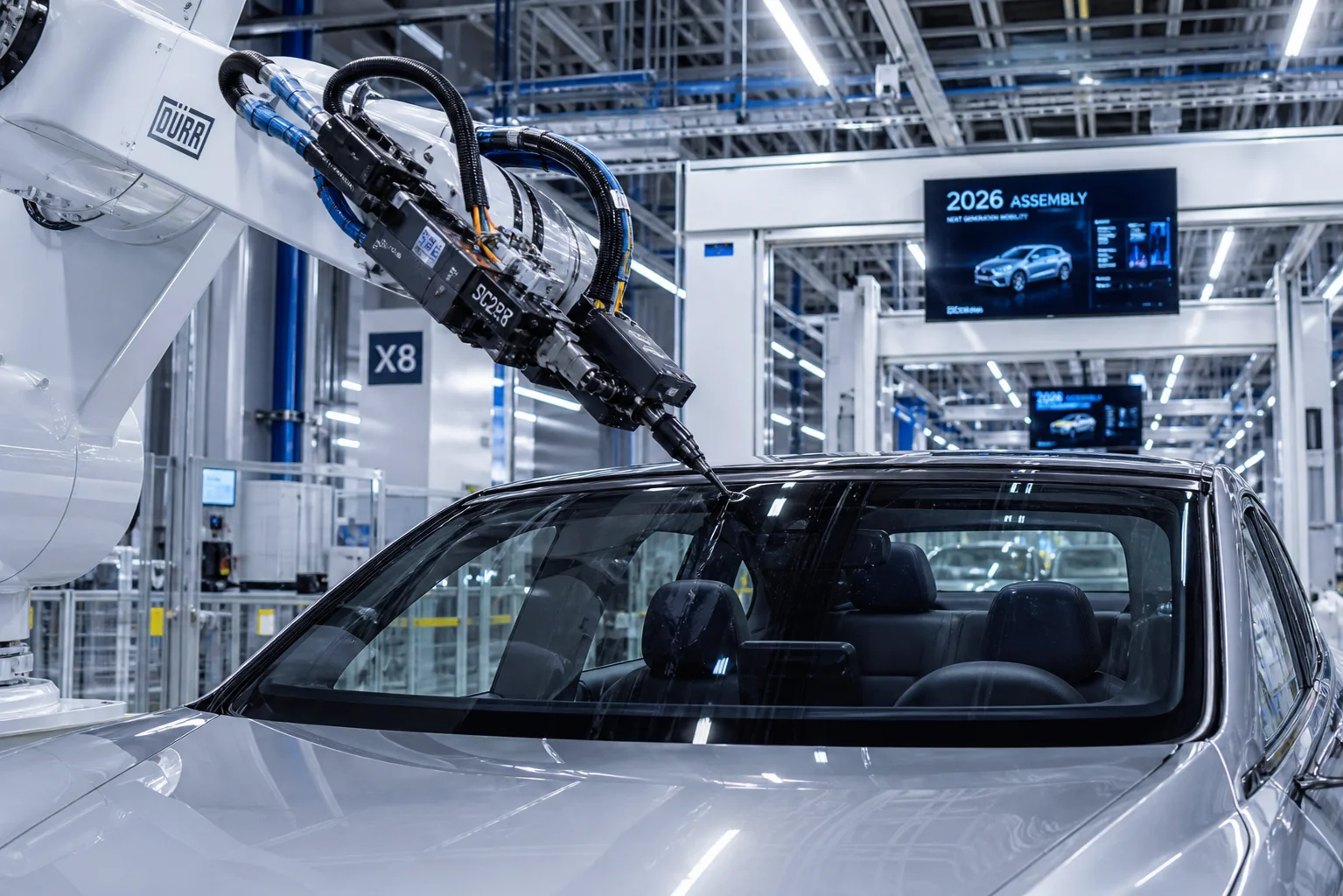 Robotic arm applying sealant to a vehicle windshield