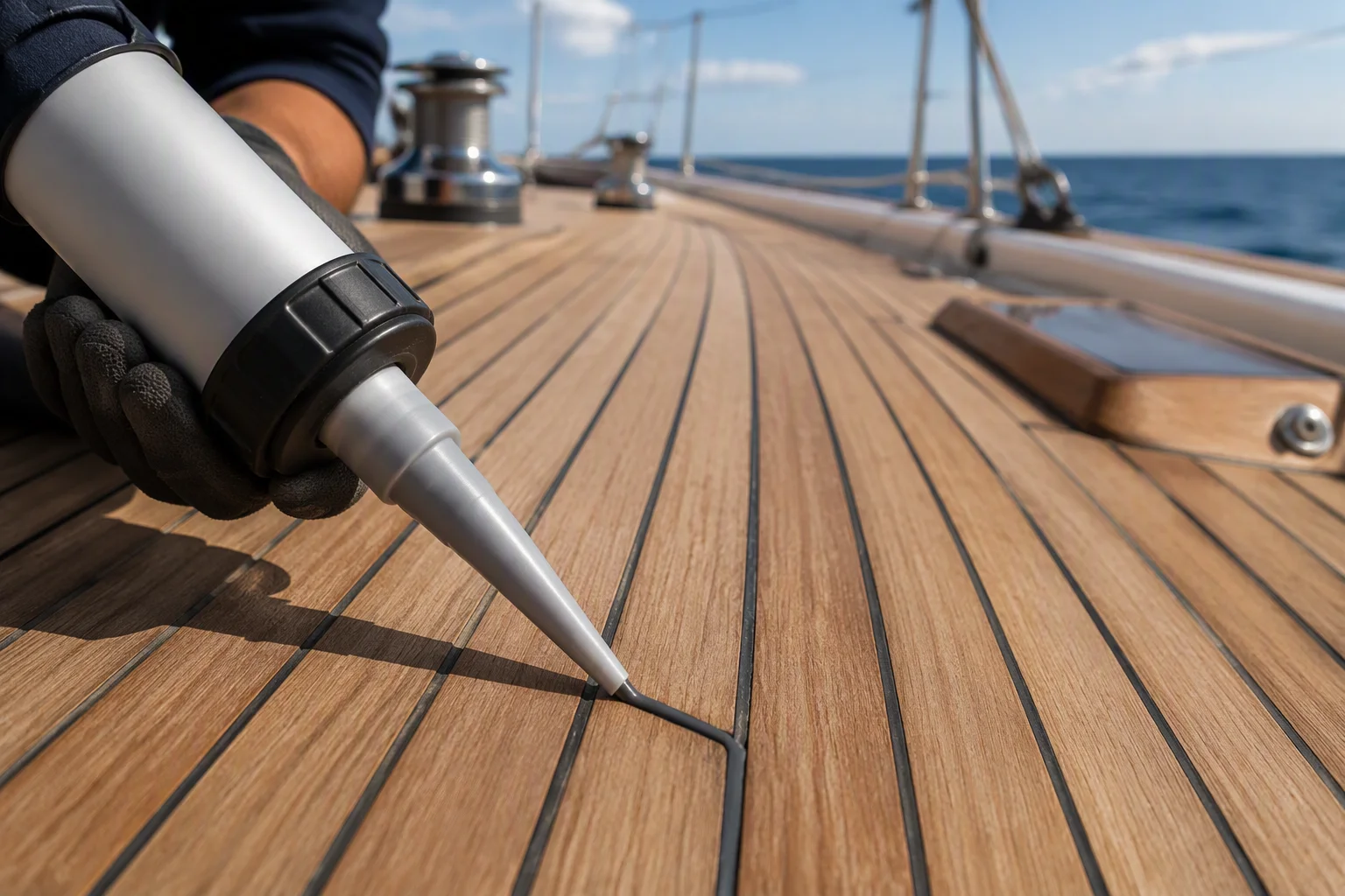 Technician applying flexible sealant into teak decking seams on a yacht