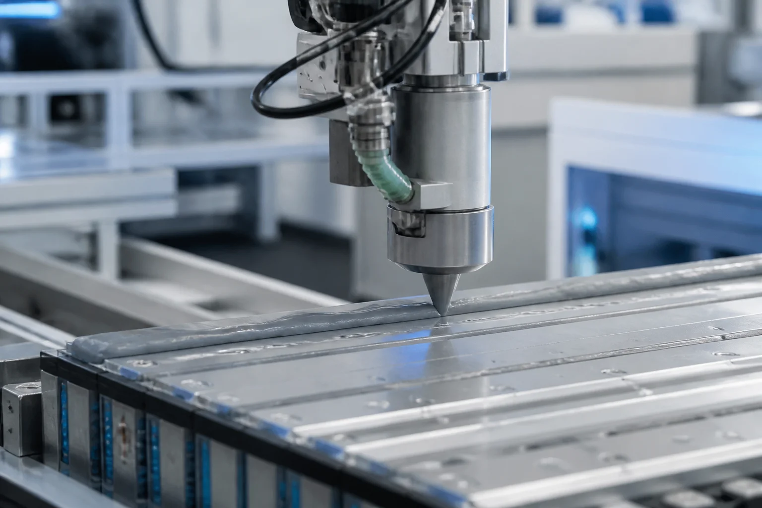 Robotic arm applying thermal adhesive to EV battery cell modules
