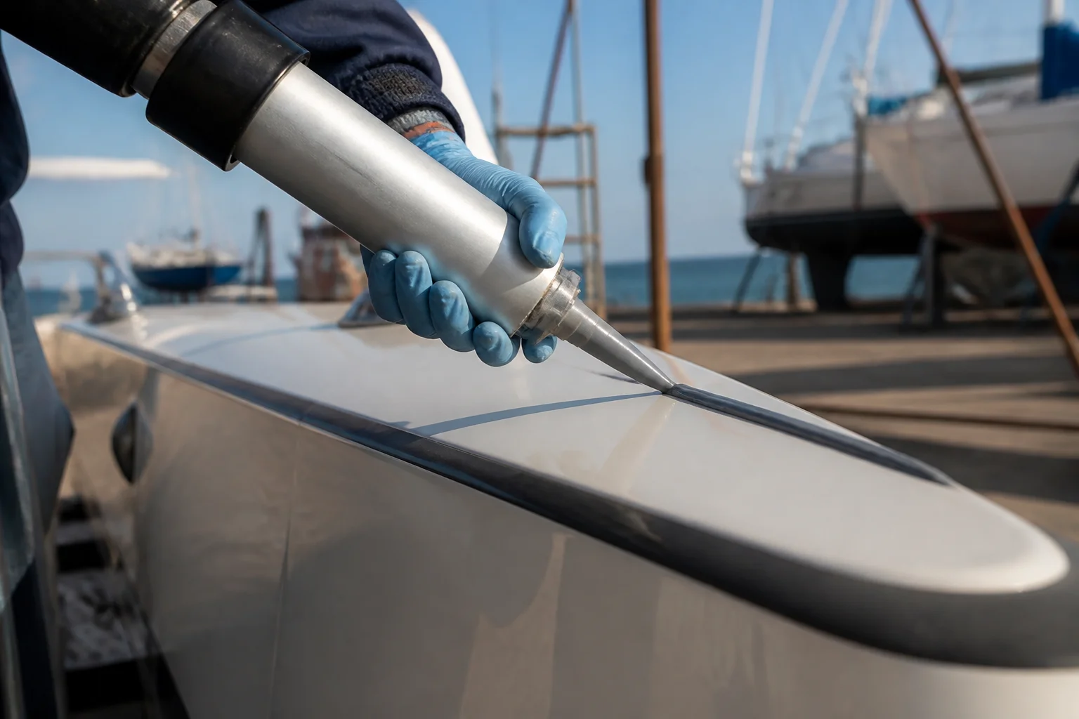 Boat builder applying marine-grade polyurethane sealant along a hull-to-deck seam