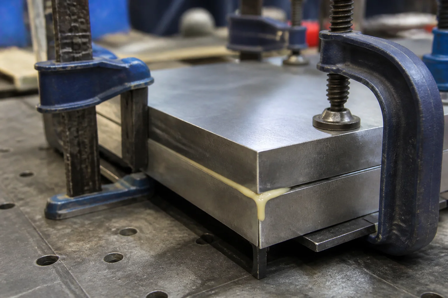 Two metal plates clamped together during epoxy curing with visible bead squeeze-out