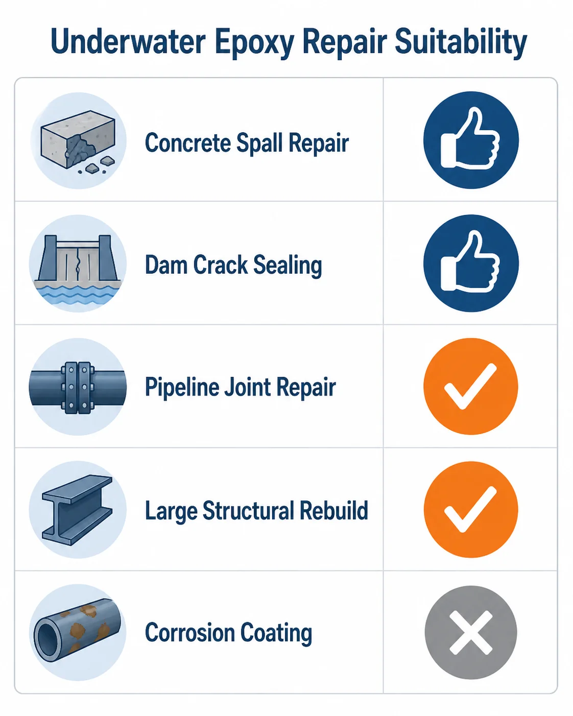 Biểu đồ thể hiện mức độ phù hợp của việc sửa chữa bằng epoxy dưới nước cho các ứng dụng hạ tầng khác nhau