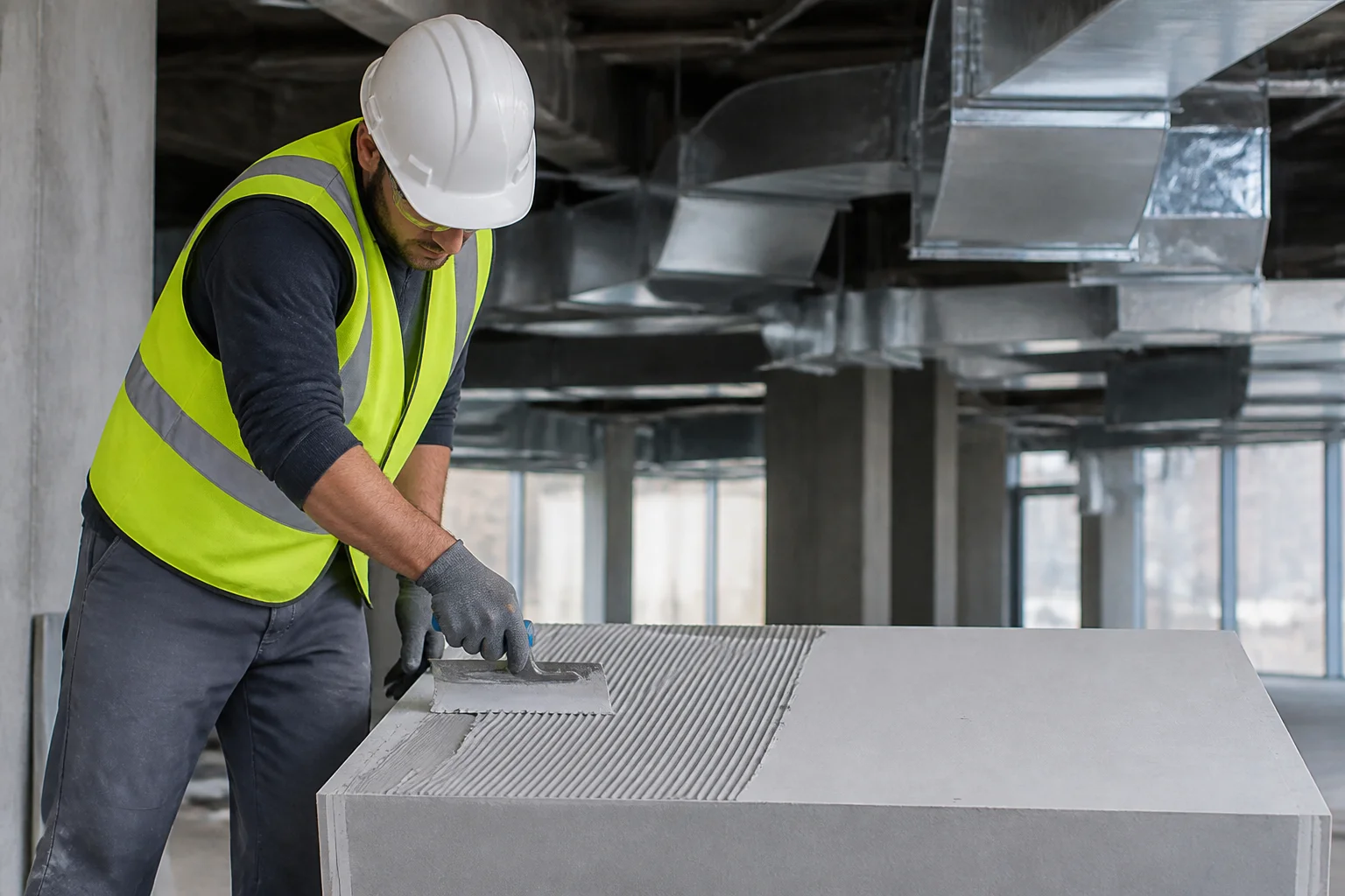 Worker applying low-VOC adhesive in a well-ventilated indoor construction site