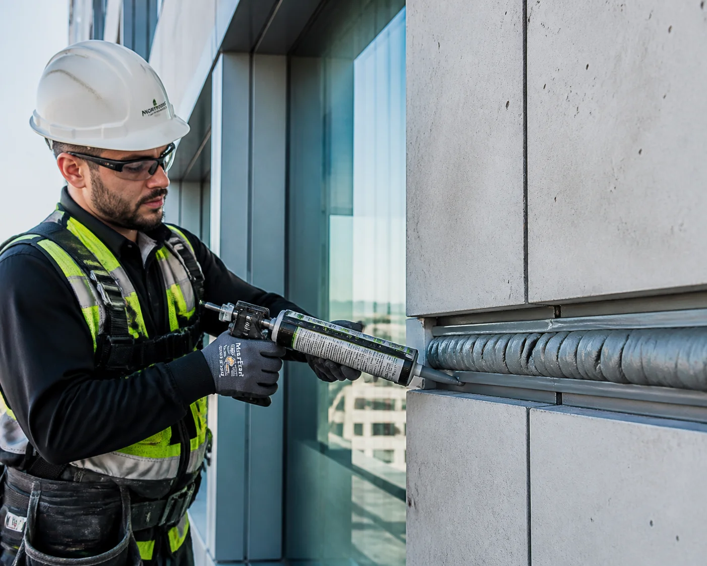 Construction worker applying polyurethane sealant