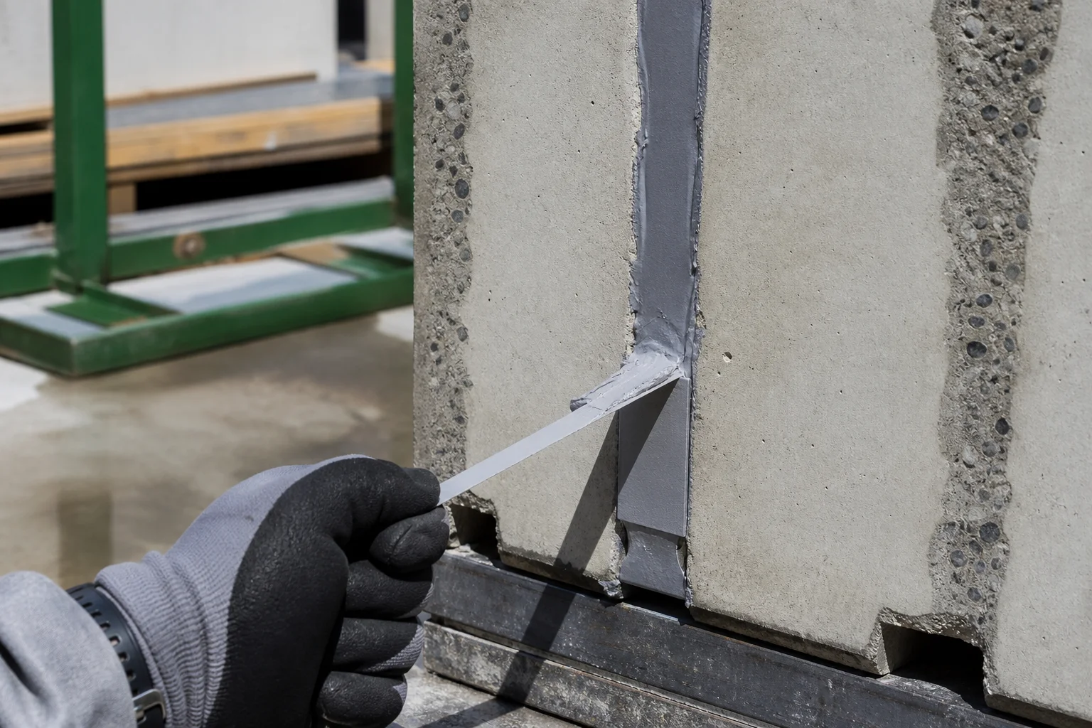 Teknisi melakukan uji daya rekat lapangan pada sampel sealant di antara bagian mock-up panel beton pracetak