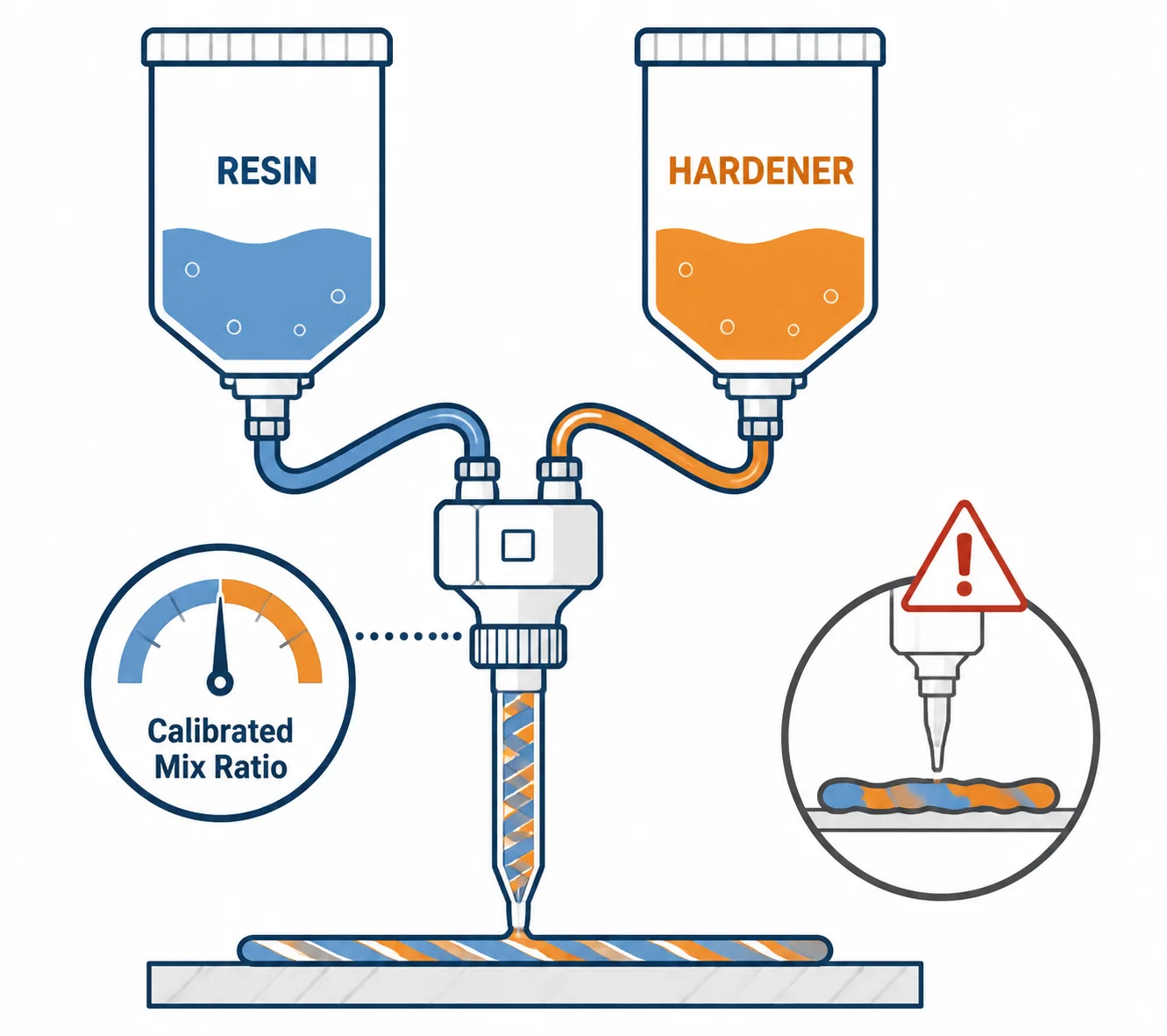 Diagram showing calibrated two-part epoxy mixing versus uneven manual mixing