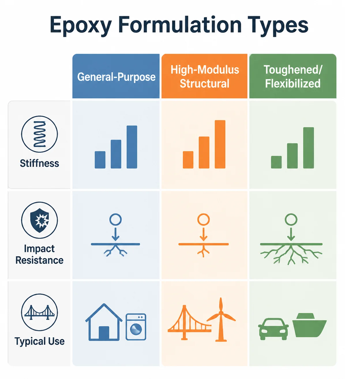 Comparison chart of general-purpose, high-modulus, and toughened epoxy formulations
