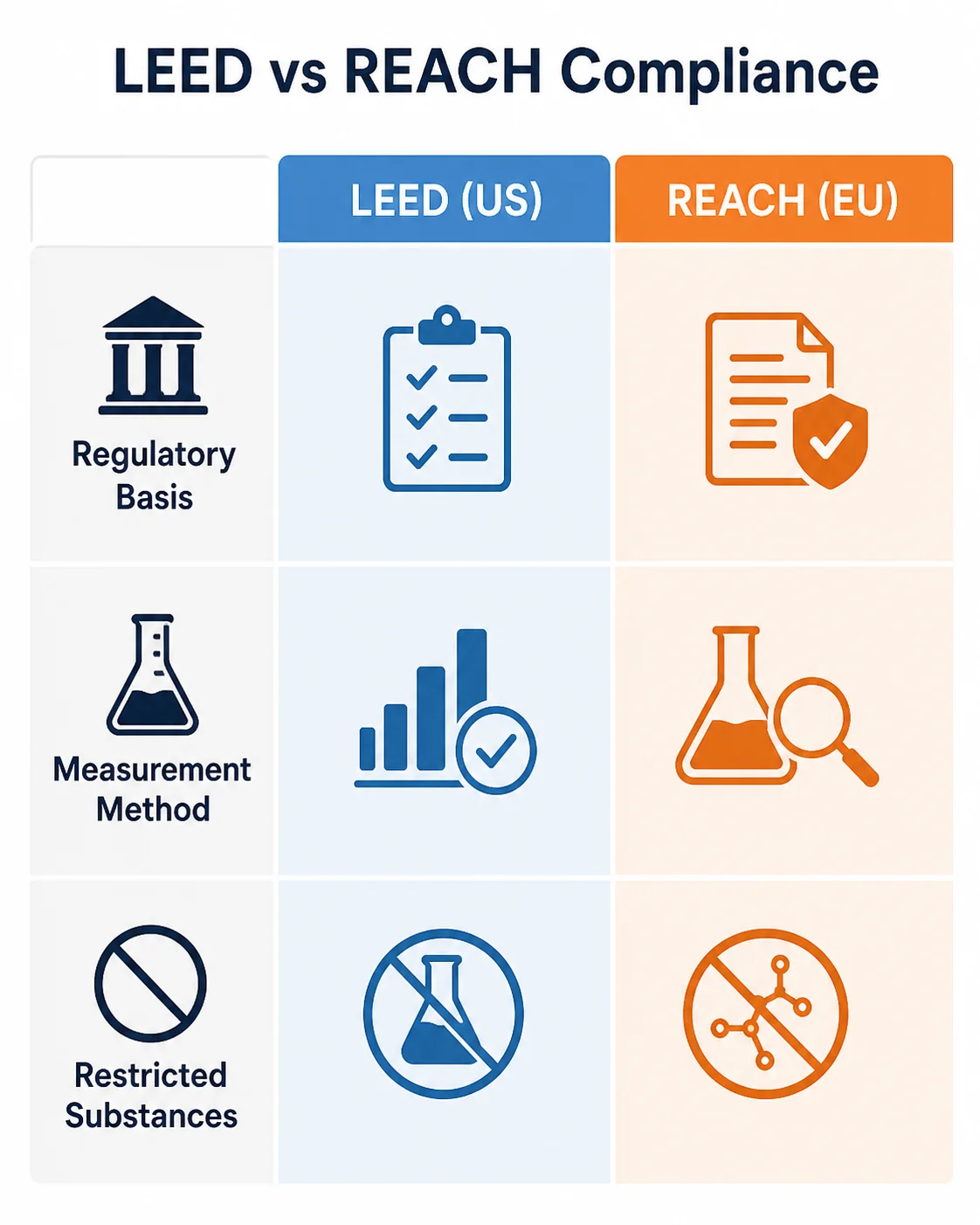 Comparison chart of LEED and REACH VOC compliance frameworks
