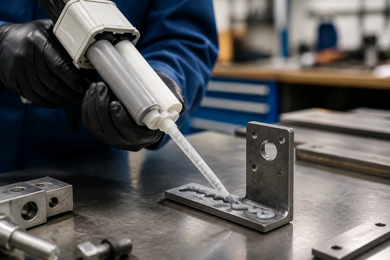 Technician using calibrated dispensing gun to apply structural epoxy adhesive on a metal bracket