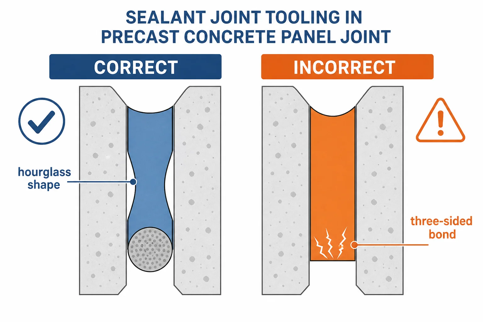 Diagram yang membandingkan rekat sealant berbentuk jam pasir yang benar versus rekat tiga sisi yang salah pada sambungan pracetak