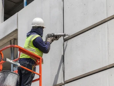 Pekerja konstruksi mengaplikasikan sealant pada sambungan vertikal antara panel beton pracetak pada fasad bangunan