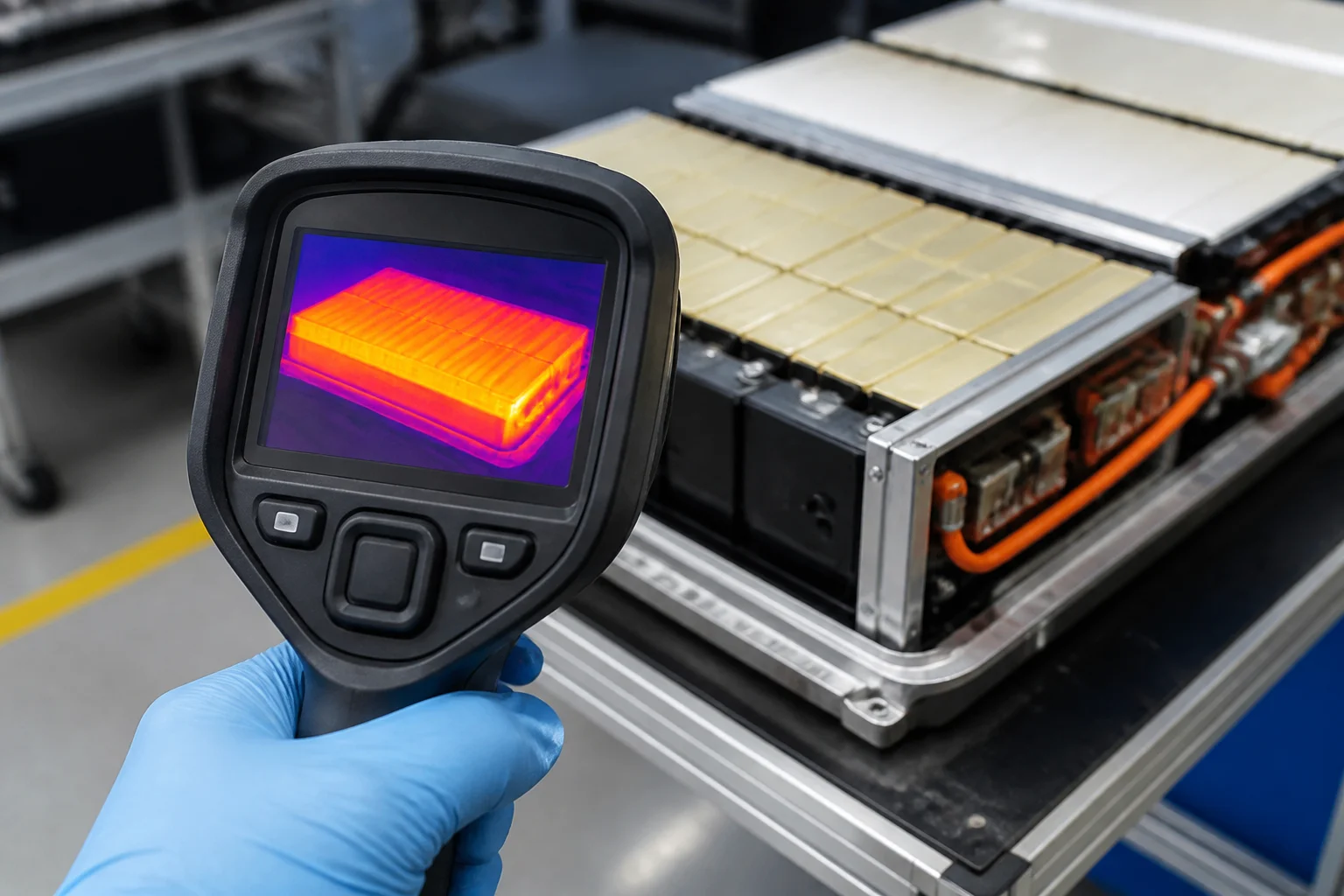Technician using thermal imaging camera to inspect adhesive bond on EV battery module