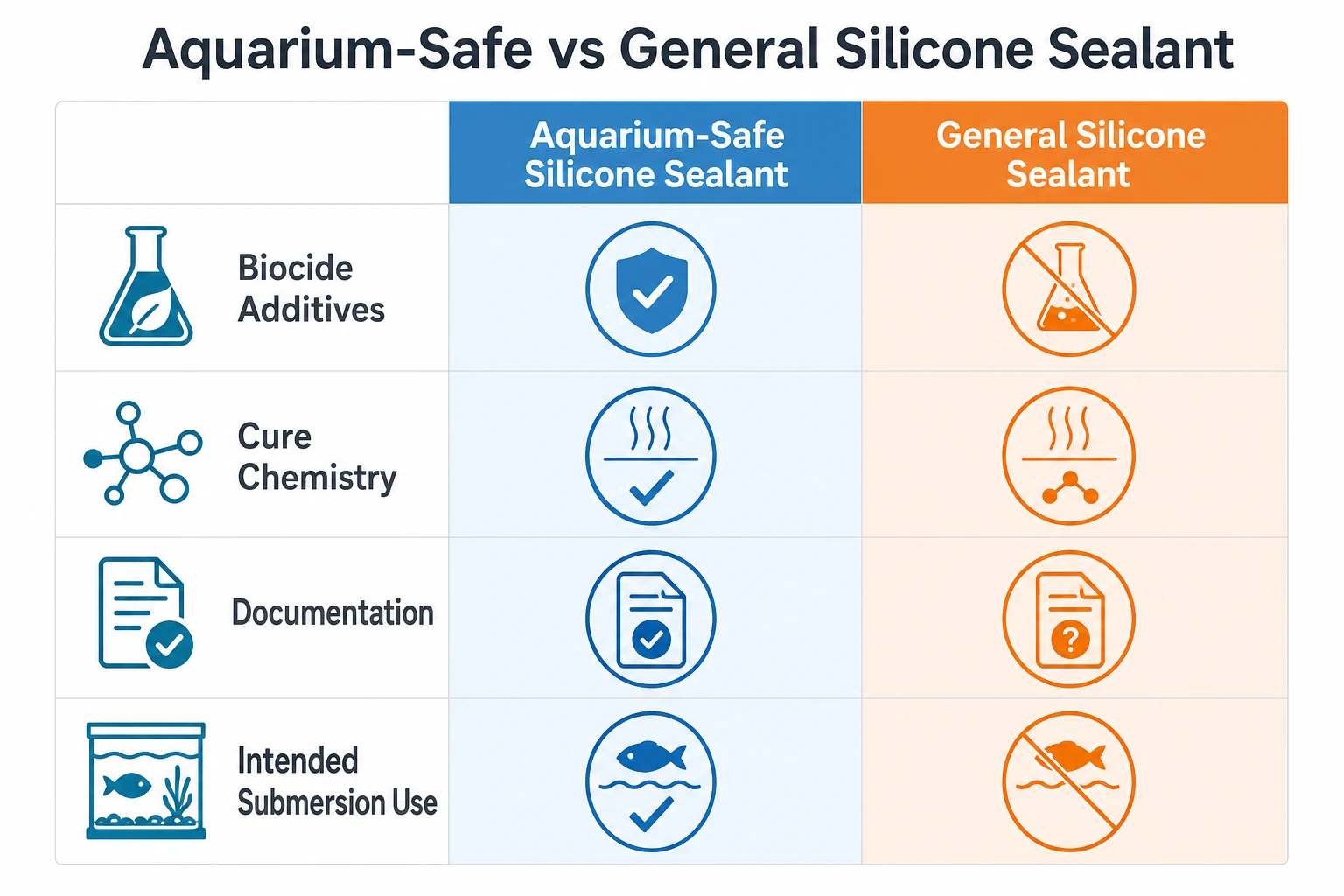 Bagan perbandingan sifat sealant silikon aman akuarium vs sealant silikon serbaguna