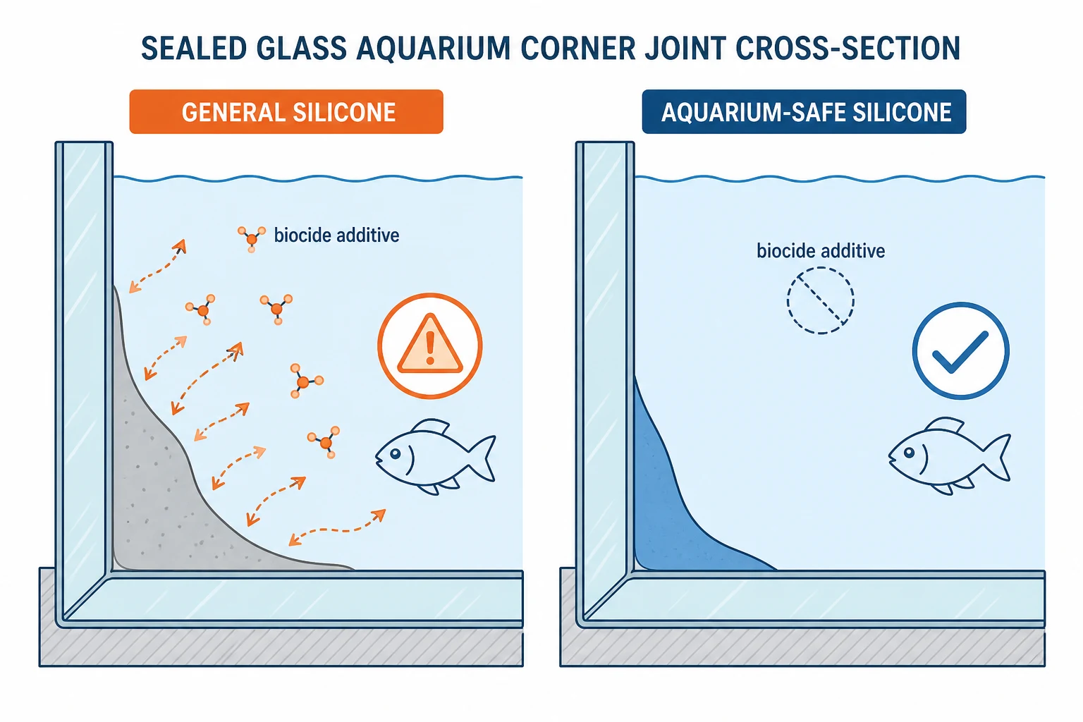 Diagram perbandingan peluruhan aditif biosida pada silikon umum vs silikon lembam yang aman untuk akuarium