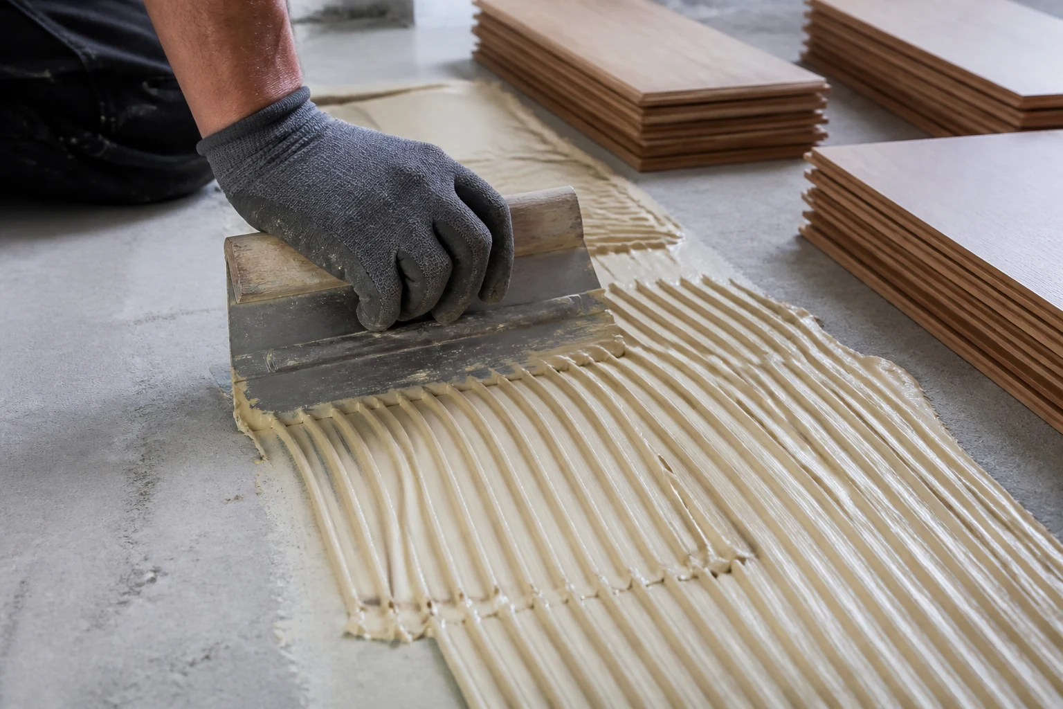 Pemasang lantai menggunakan trowel bergerigi untuk meratakan lem pada subfloor beton