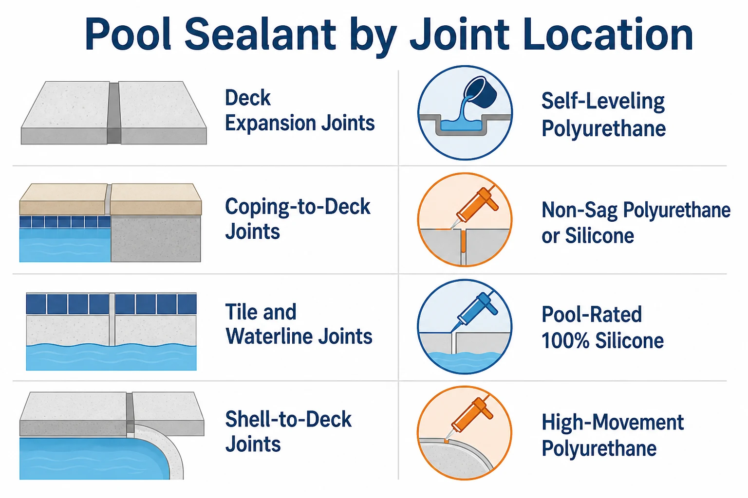 Chart showing recommended sealant type for pool deck expansion joints, coping joints, waterline joints, and shell-to-deck joints