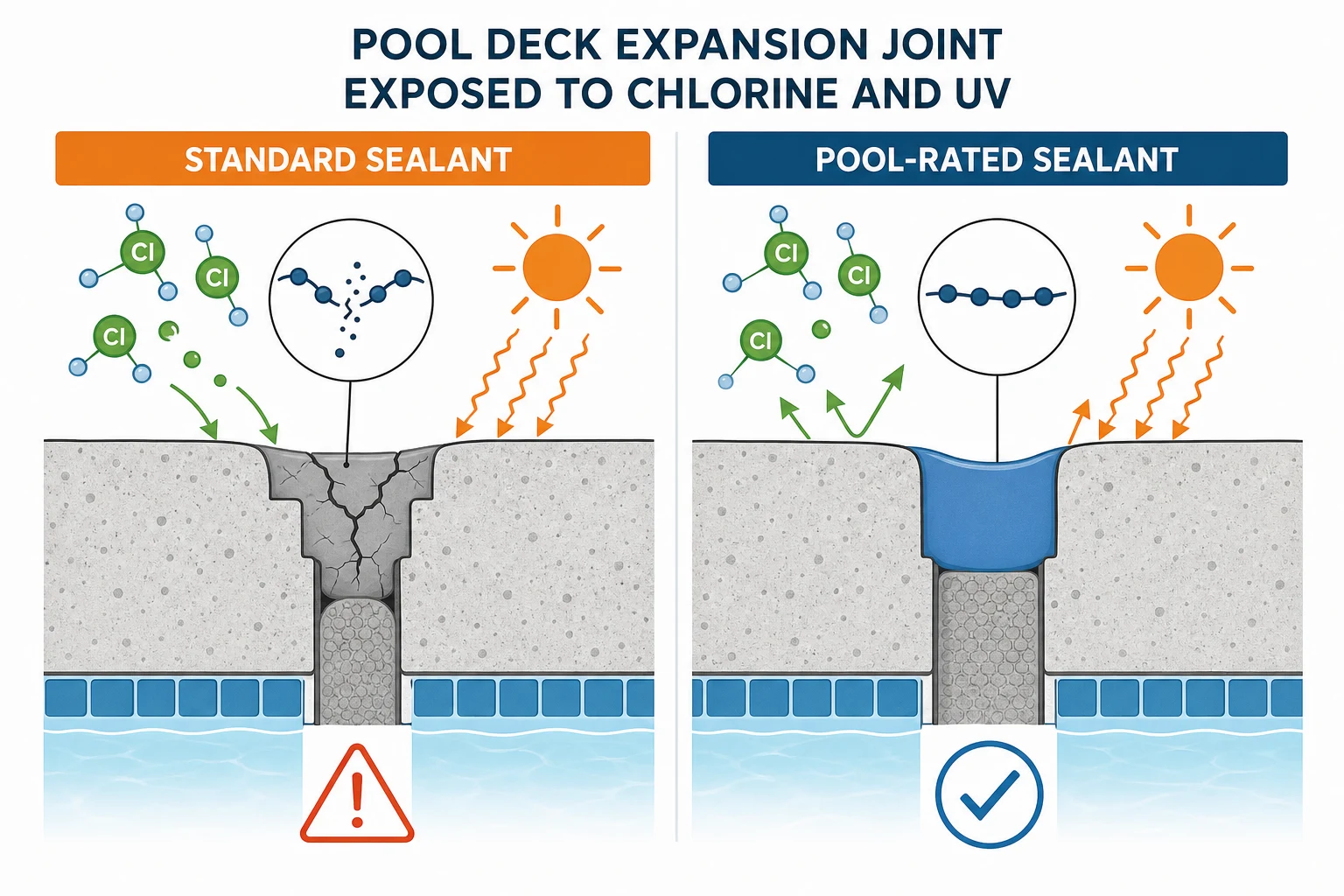 Diagram comparing chlorine and UV degradation of standard sealant versus pool-rated sealant