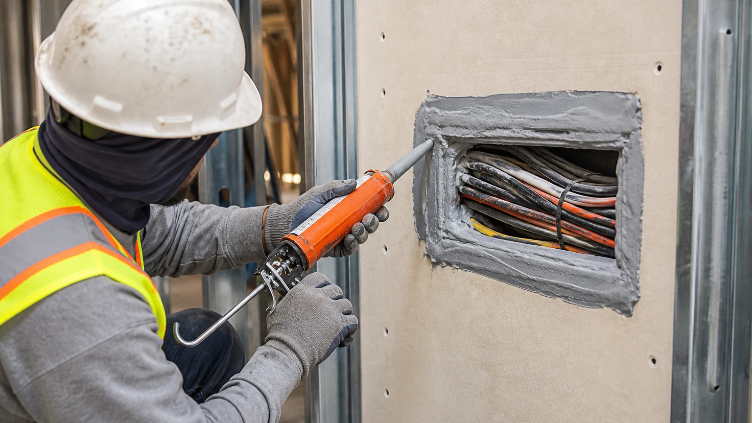 Trabalhador aplicando massa corta-fogo ao redor de um feixe de cabos elétricos que atravessa uma parede resistente ao fogo