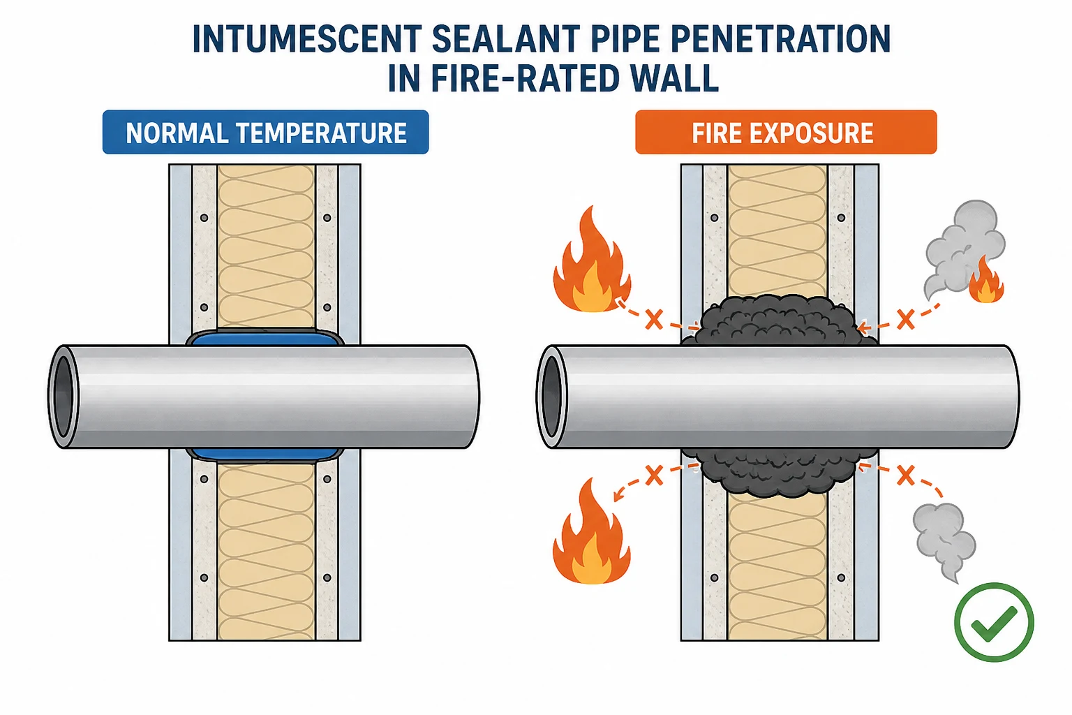 Diagrama de un sellador cortafuego intumescente que se expande formando una capa carbonizada alrededor de una tubería al exponerse al calor del fuego