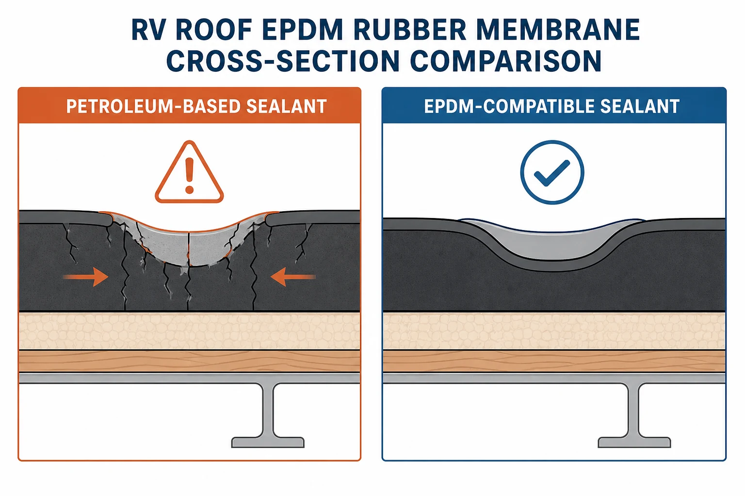 Diagrama que compara la degradación de la membrana de EPDM por sellador a base de petróleo frente a un sellador compatible con EPDM