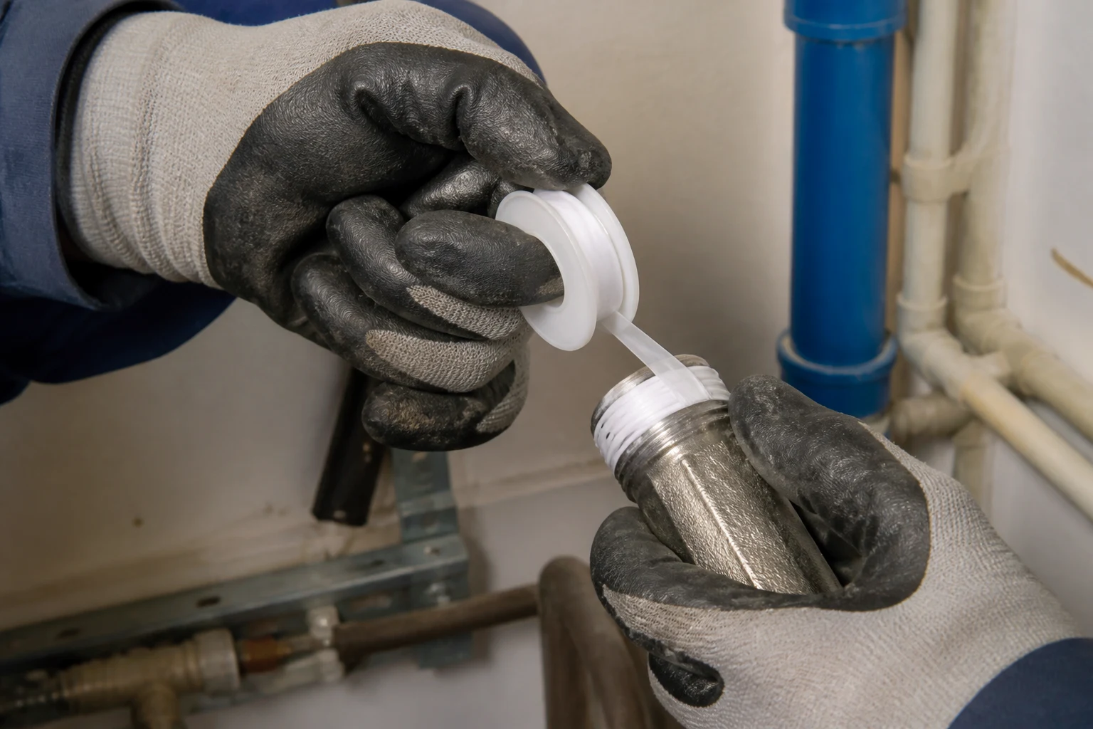 Fontanero enrollando cinta de PTFE blanca para sellado de roscas en un accesorio de tubería