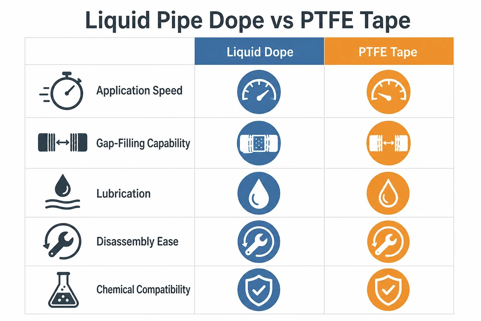 Tabla comparativa entre pasta selladora líquida y cinta de PTFE para sellado de roscas según velocidad de aplicación, relleno de holguras, lubricación, desmontaje y compatibilidad química
