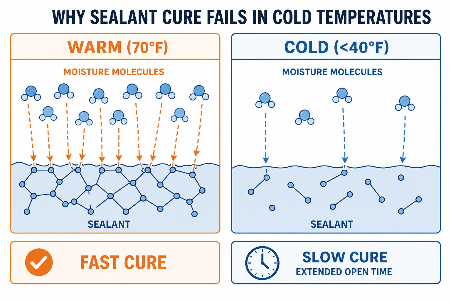 Diagram yang menunjukkan alasan proses pengeringan sealant melambat pada suhu dingin dibandingkan suhu hangat