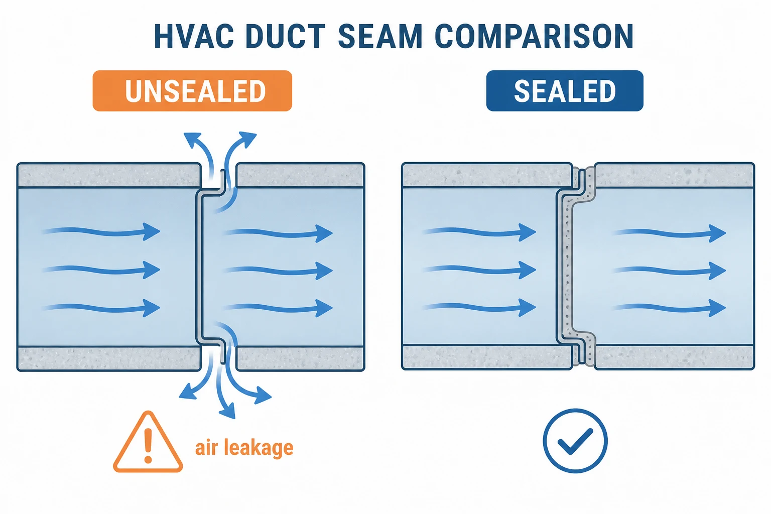 Diagram perbandingan kebocoran udara pada sambungan ducting yang tidak tersegel vs. sambungan ducting yang tersegel dengan benar
